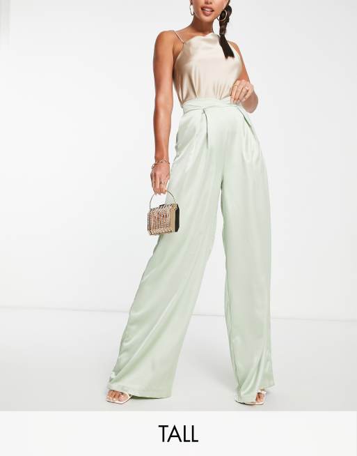 Flounce London Tall satin high waist wide leg pants in sage