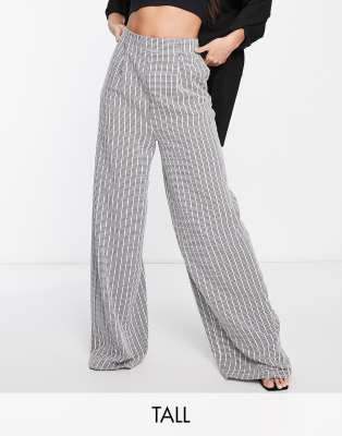 Flounce London Tall satin high waist wide leg trousers in black and white check φωτογραφία