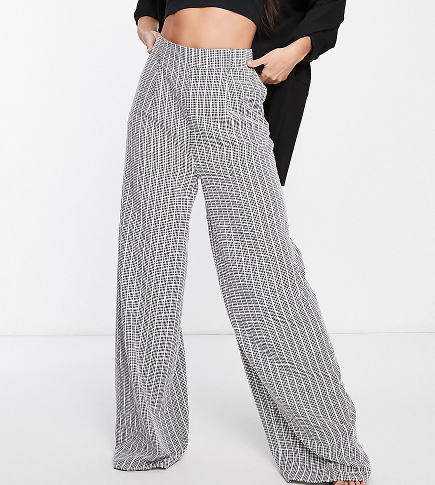 Flounce London Tall satin high waist wide leg trousers in black and white check
