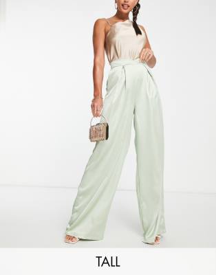 Flounce London Tall Flounce London Tall satin high waist wide leg trousers in sage-Green