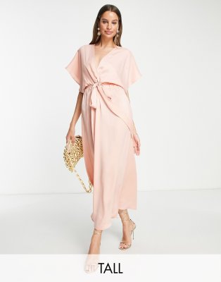 Flounce London satin kimono sleeve midi dress in sage satin