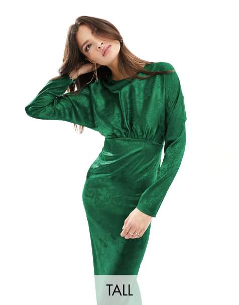 Flounce London Tall satin maxi dress with kimono sleeve in emerald green - view 1