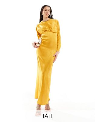 Flounce London Tall Satin Maxi Dress With Kimono Sleeve In Gold In Yellow
