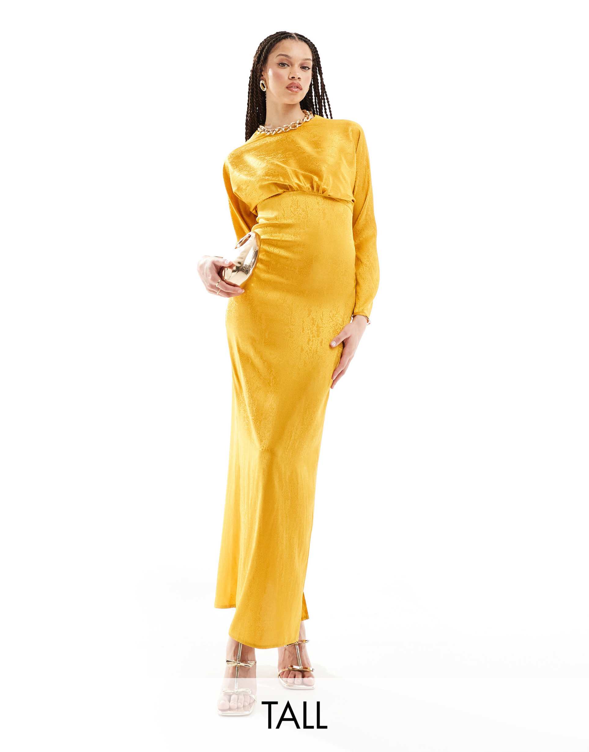 flounce london tall satin maxi dress with kimono sleeve in gold