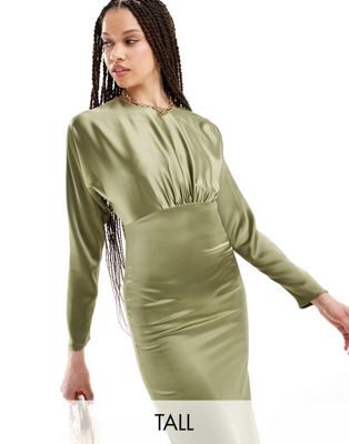 Flounce London Tall Satin Maxi Dress With Kimono Sleeve In Olive-green