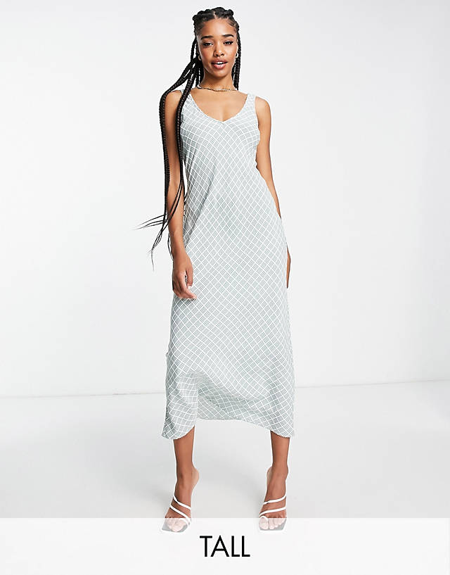 Flounce London Tall - satin midi cami dress in green and white check