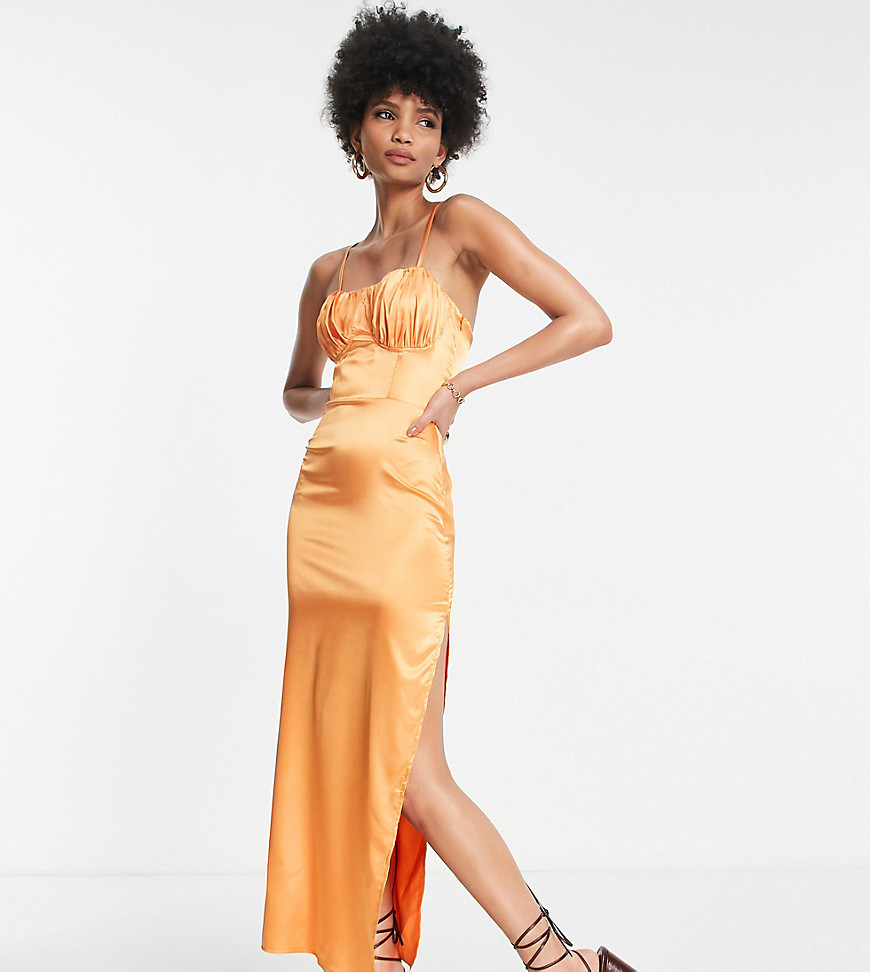 Flounce London Tall satin midi dress with ruched cup detail in tangerine-Orange