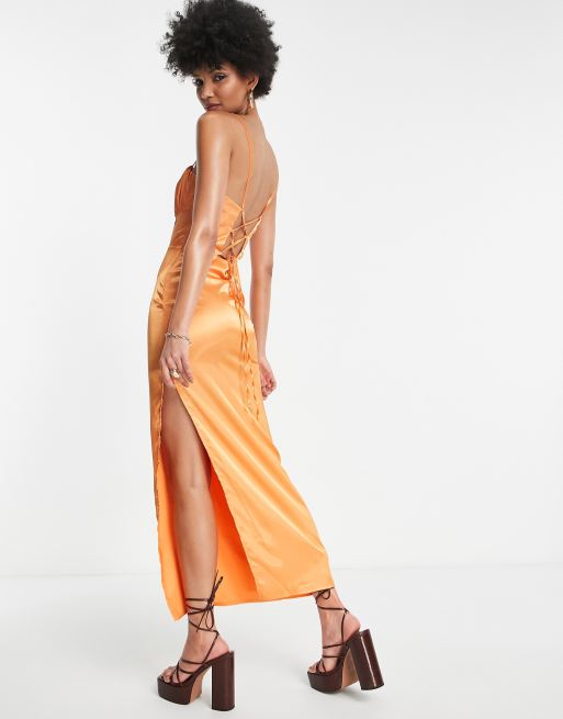 Flounce London Tall satin midi dress with ruched cup detail in tangerine