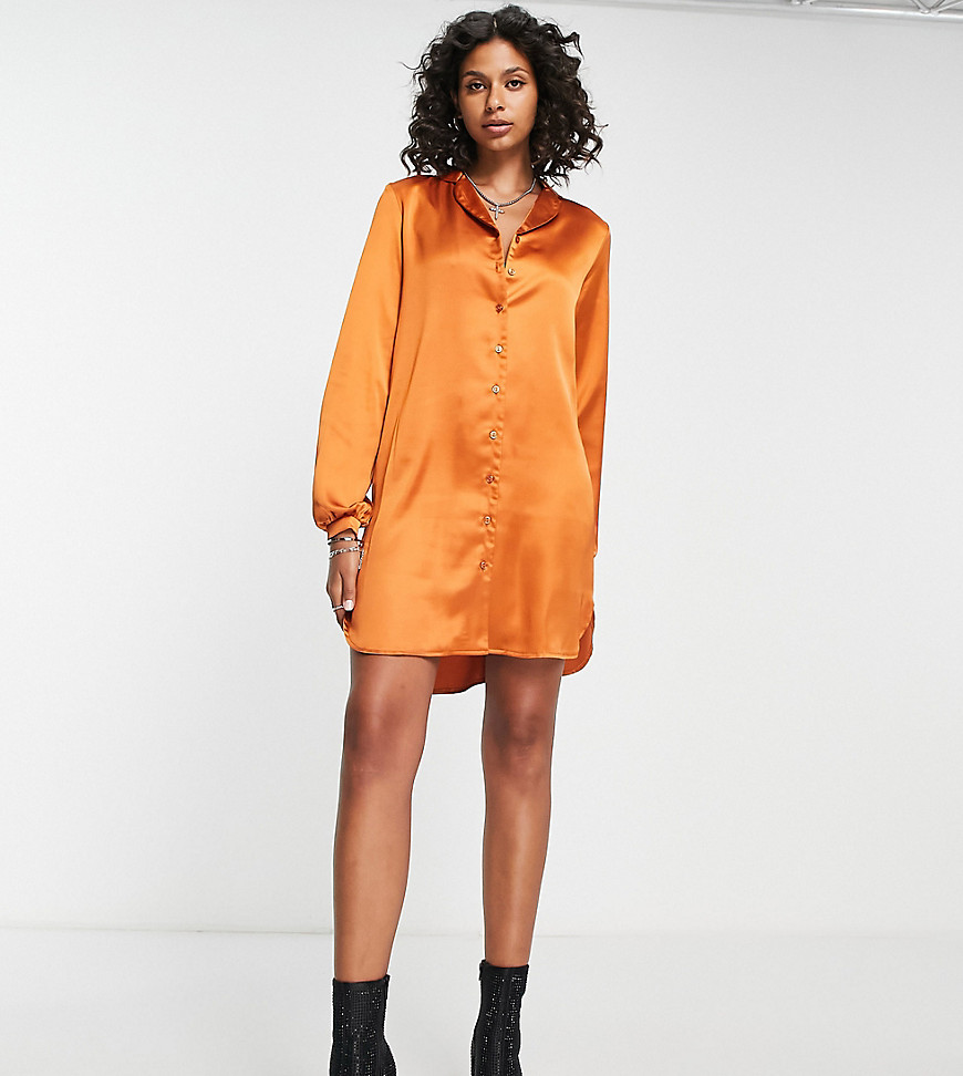 Flounce London Tall Satin Mini Shirt Dress In Burnt Orange