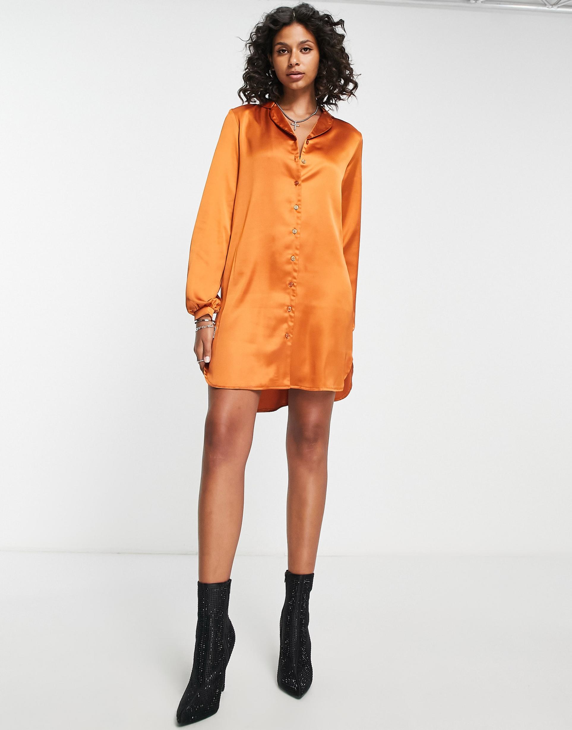 flounce london tall satin mini shirt dress in burnt orange