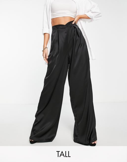 Flounce London Tall satin pleated wide leg pants in black