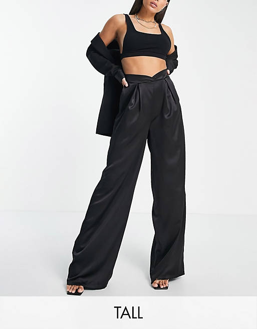 Flounce London Tall satin pleated wide leg trousers in black | ASOS