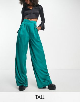 Flounce London Tall satin pleated wide leg trousers in emerald  - ASOS Price Checker