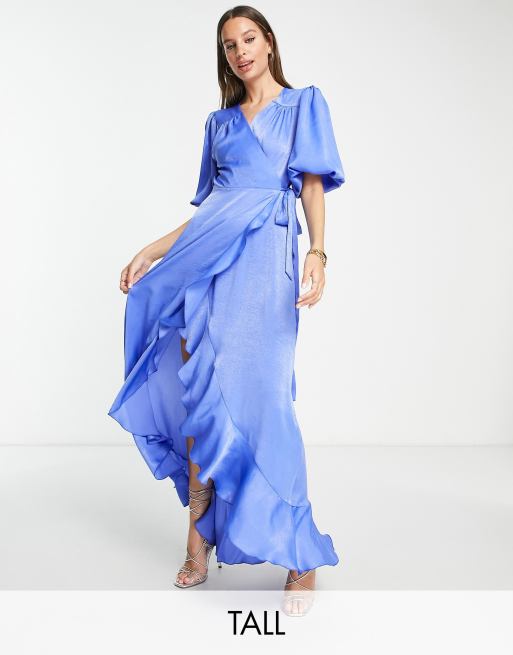 Flounce London Tall satin puff sleeve maxi wrap dress in light blue | ASOS