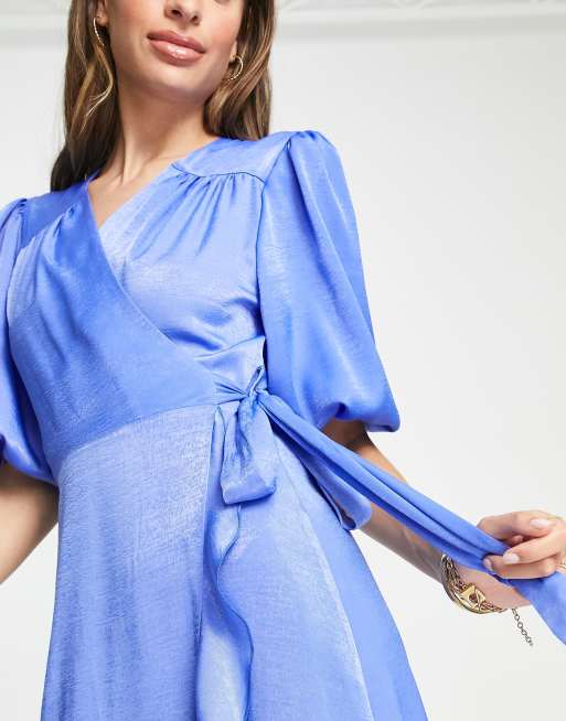 Flounce London Tall satin puff sleeve maxi wrap dress in light blue