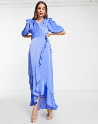 blue satin puff sleeve dress