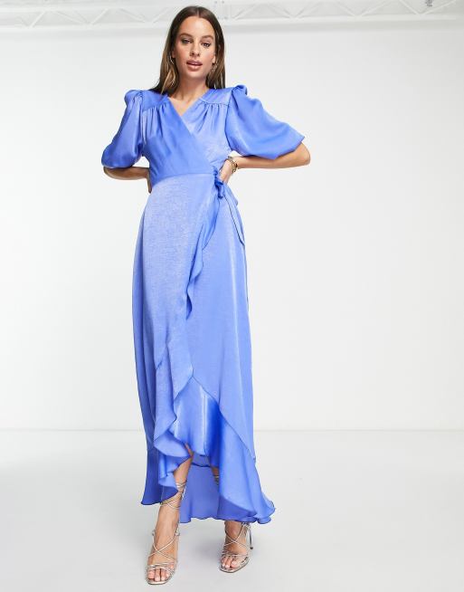 Flounce London Maternity Puff Sleeve Maxi Wrap Dress In Light Blue