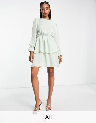 satin tiered mini dress in sage-Green