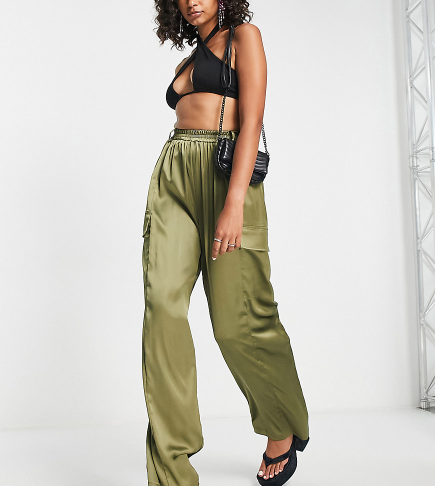 Flounce London Tall Satin Wide Leg Cargo Pants In Olive-green