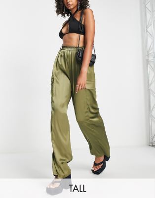 Flounce London Tall satin wide leg cargo trousers in khaki-Green