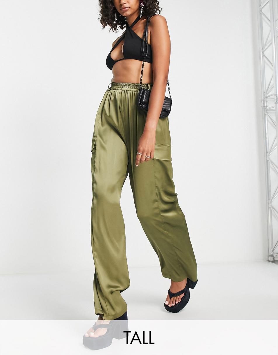 SPLIT HEM SATIN ELASTICATED WAIST WIDE LEG CARGO TROUSERS KHAKI