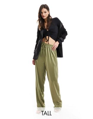 Flounce London Tall satin wide leg trousers in olive