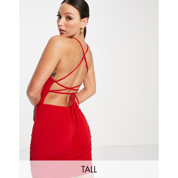 Red Slinky Cowl Wrap Detail Backless Bodycon Dress