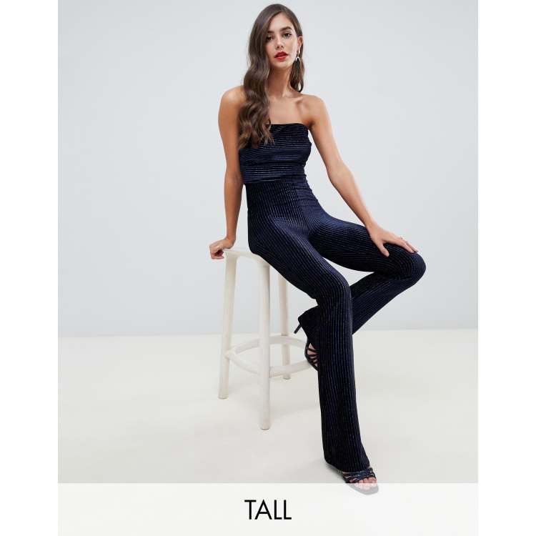 Flounce London Tall velvet bandeau jumpsuit in cobalt stripe ASOS