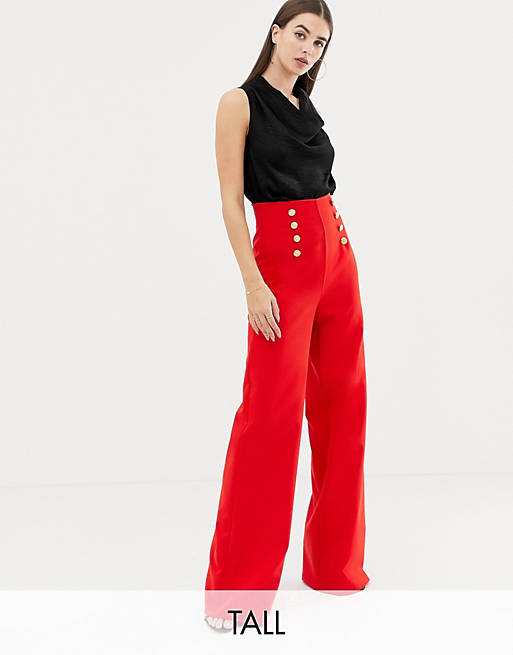 Flounce London Tall wide leg pants with gold button detail in red