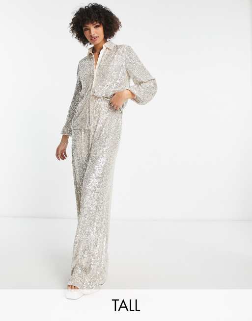 Silver sequin wide leg hot sale trousers