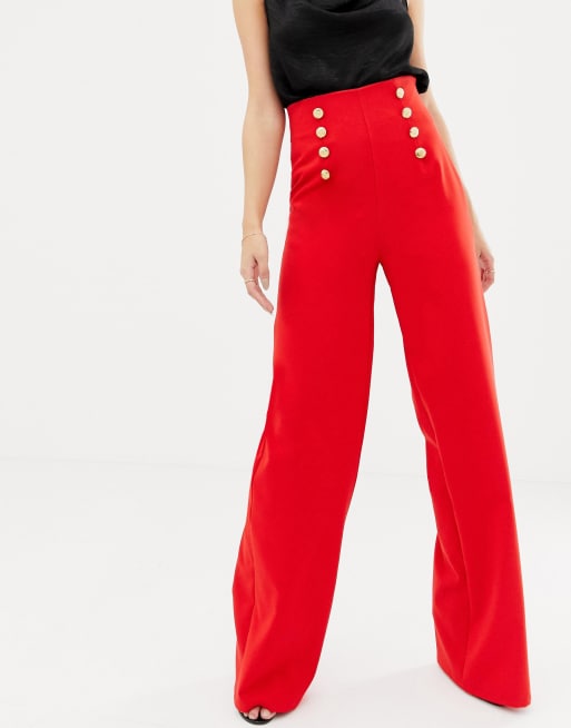 Flounce London Tall wide leg trousers with gold button detail in red