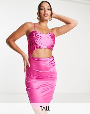 Flounce London Tall satin wrap bust mini dress with cut out in hot pink