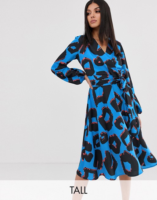 Flounce London Tall wrap front midi dress in abstract print