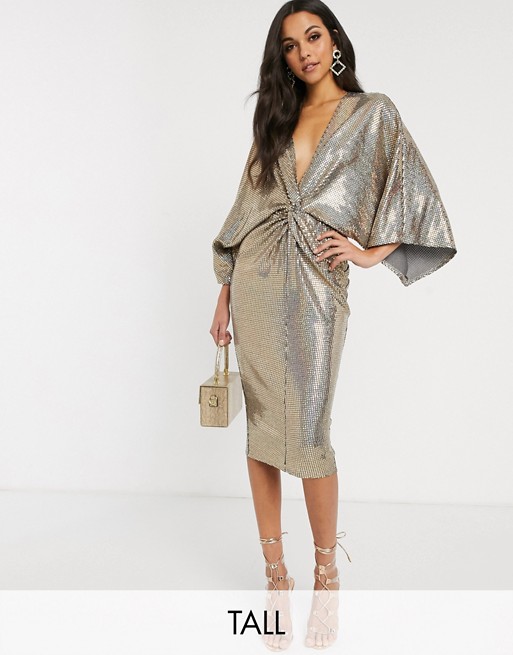 Flounce London Tall wrap front midi dress in gold sequin