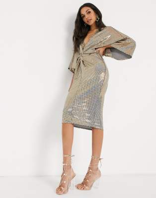 gold wrap midi dress