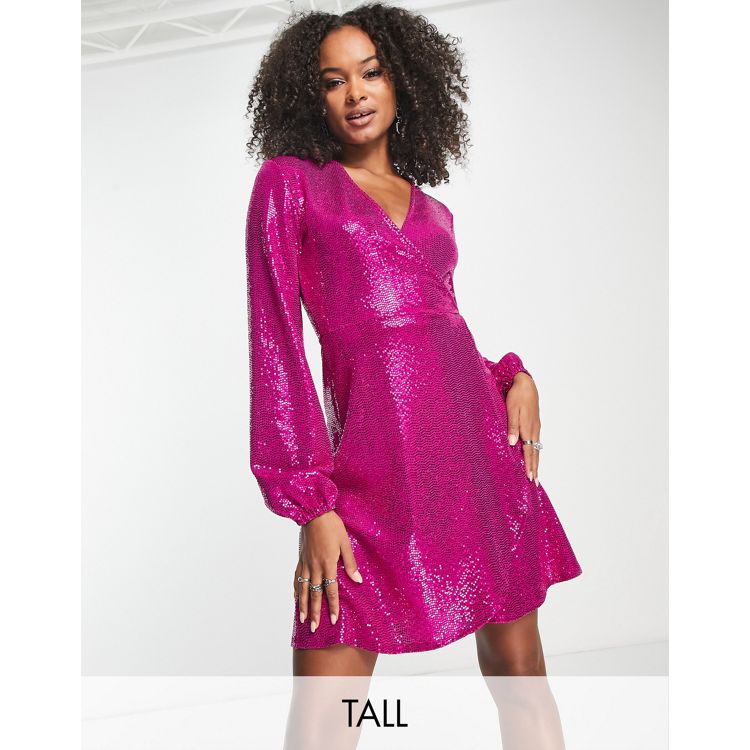Flounce London metallic sparkle mini dress with sash detail in fuchsia pink, ASOS