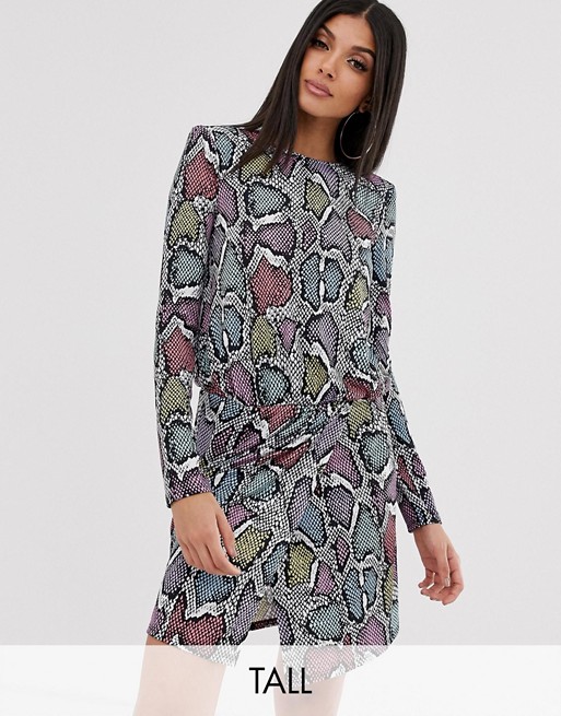 Flounce London Tall wrap front mini dress with statement shoulder in multi snake