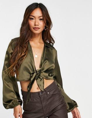 Flounce London satin tie front satin blouse in olive green