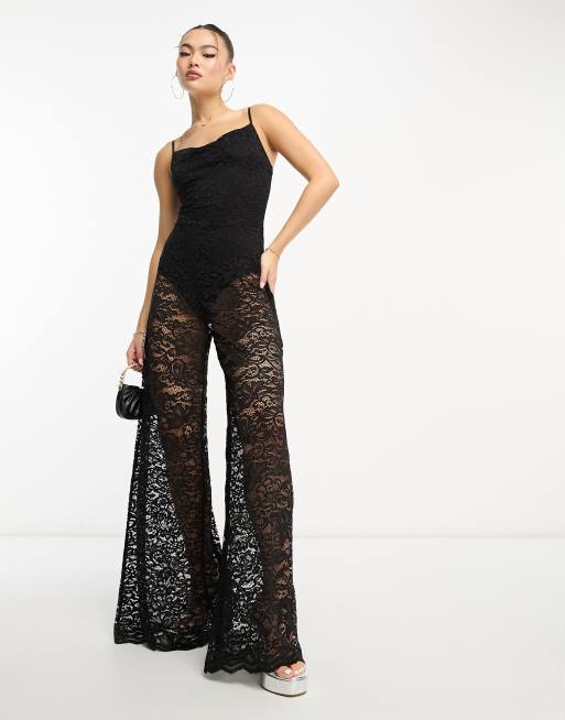 Flounce London - Tuta jumpsuit nera in pizzo 