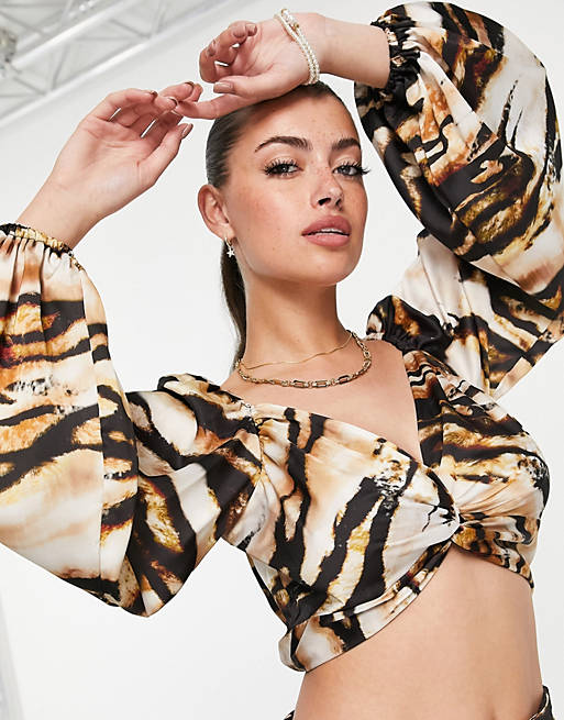 Flounce London twist front long sleeve crop top co-ord in abstract animal print