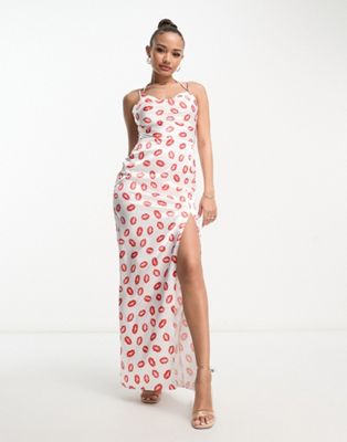 Flounce London Valentines slinky cami maxi dress in lip print - ASOS Price Checker