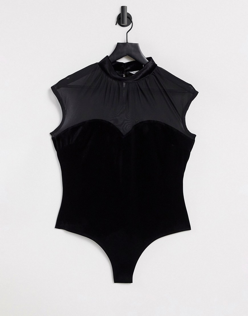 Flounce London velvet bodysuit with mesh high neck in black