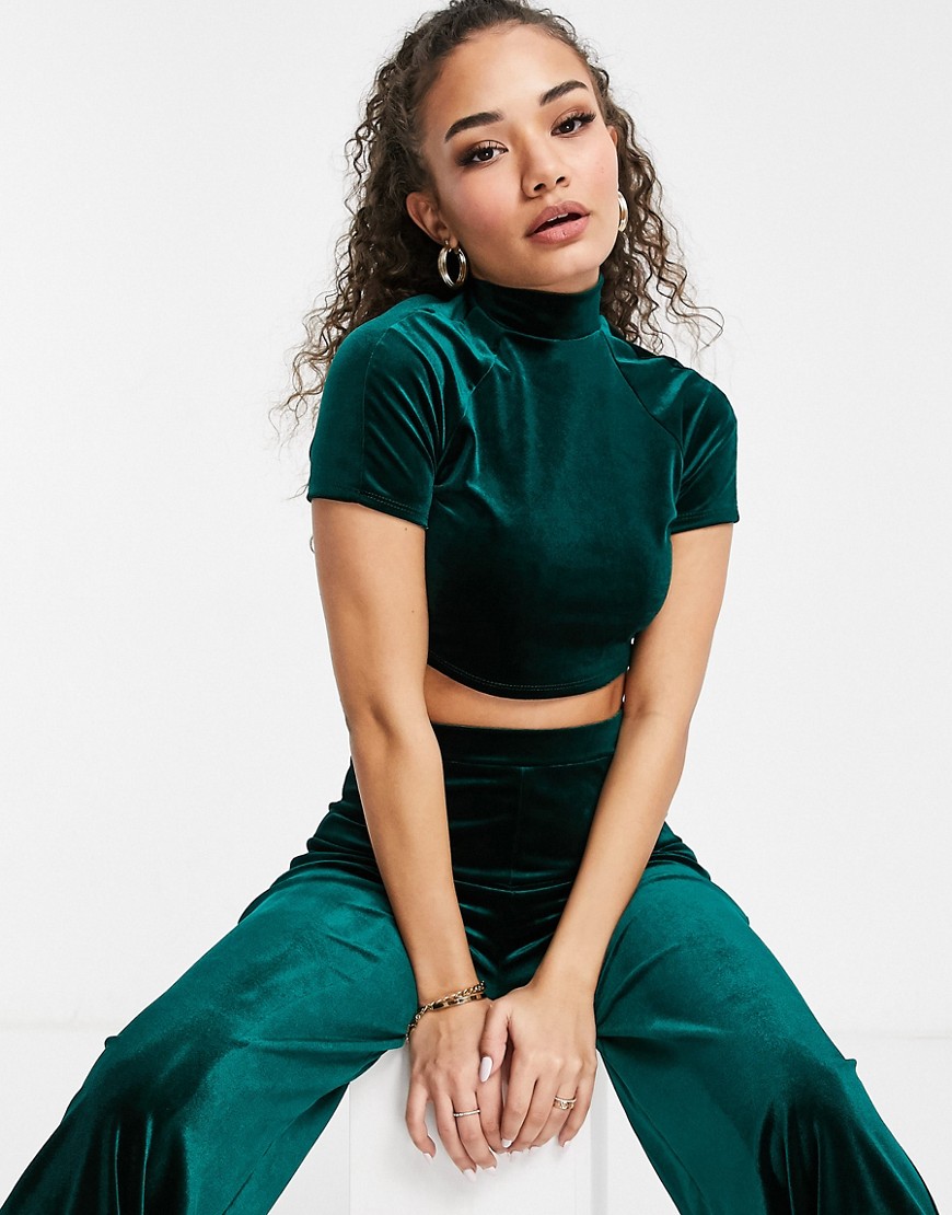 Flounce London velvet crop top with high neck in glitter green co-ord