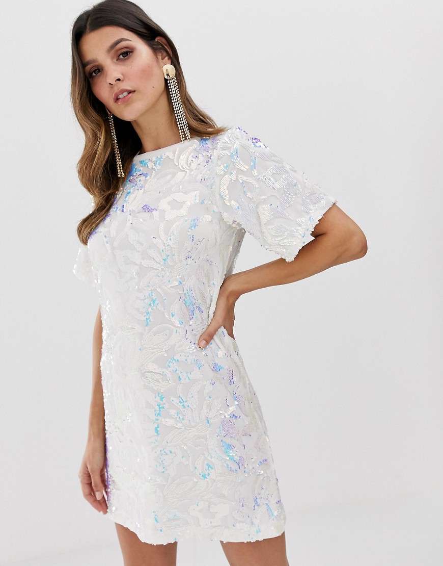 Flounce London velvet iridescent sequin t shirt dress in white-Multi