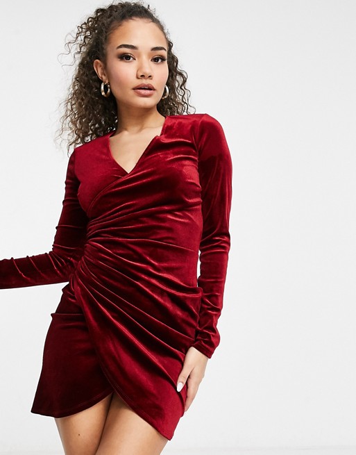 Flounce London velvet wrap dress with ruched side in wine