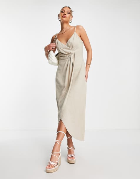 Flounce London - Vestito midi a portafoglio in raso beige - view 1