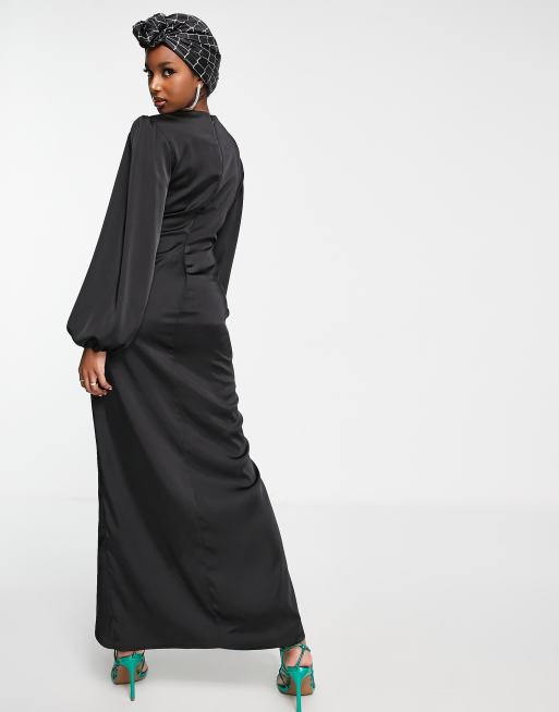 Flounce London – Vorn gewickeltes Satin-Maxikleid in Schwarz , 3 von 4