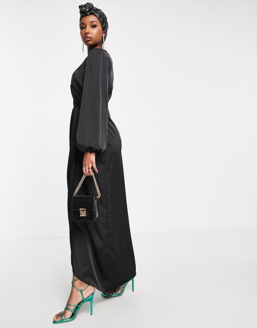 Flounce London – Vorn gewickeltes Satin-Maxikleid in Schwarz , 4 von 4