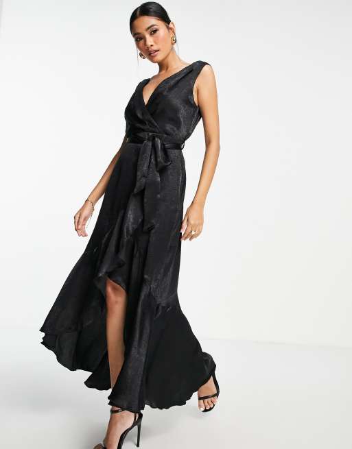 Flounce London – Wadenlanges Satinkleid in Schwarz mit gewickelter Vorderseite , 4 von 4