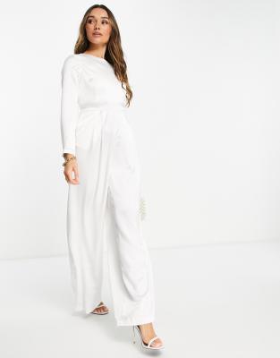 Flounce London wide leg bridal jumpsuit in ivory-White